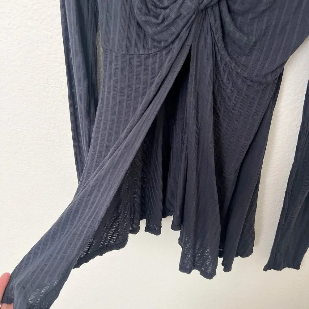 [Free People] Navy Blue Twisted Bust Open Front Slit Long Sleeve Top Sz Medium M